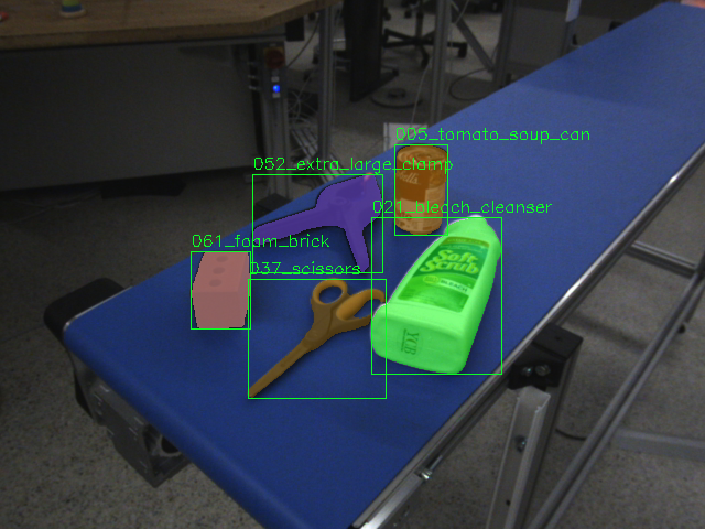 FOMO zero-shot detection result on a cluttered tabletop scene, with labeled bounding boxes around multiple objects