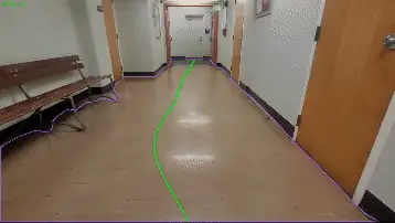 Demo footage of WALT navigating a corridor with the detected path overlaid
